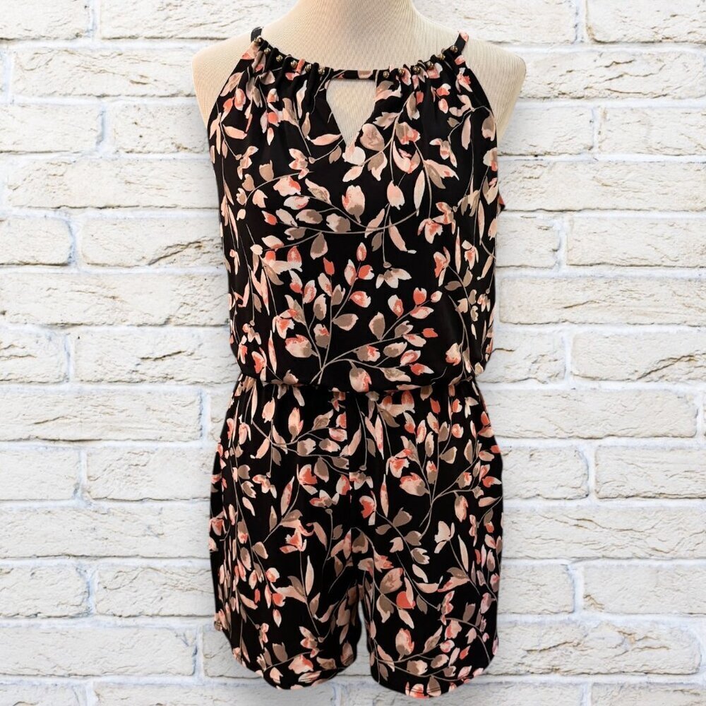 White House Black Market Black with Peach/Tan Floral Romper Size Small